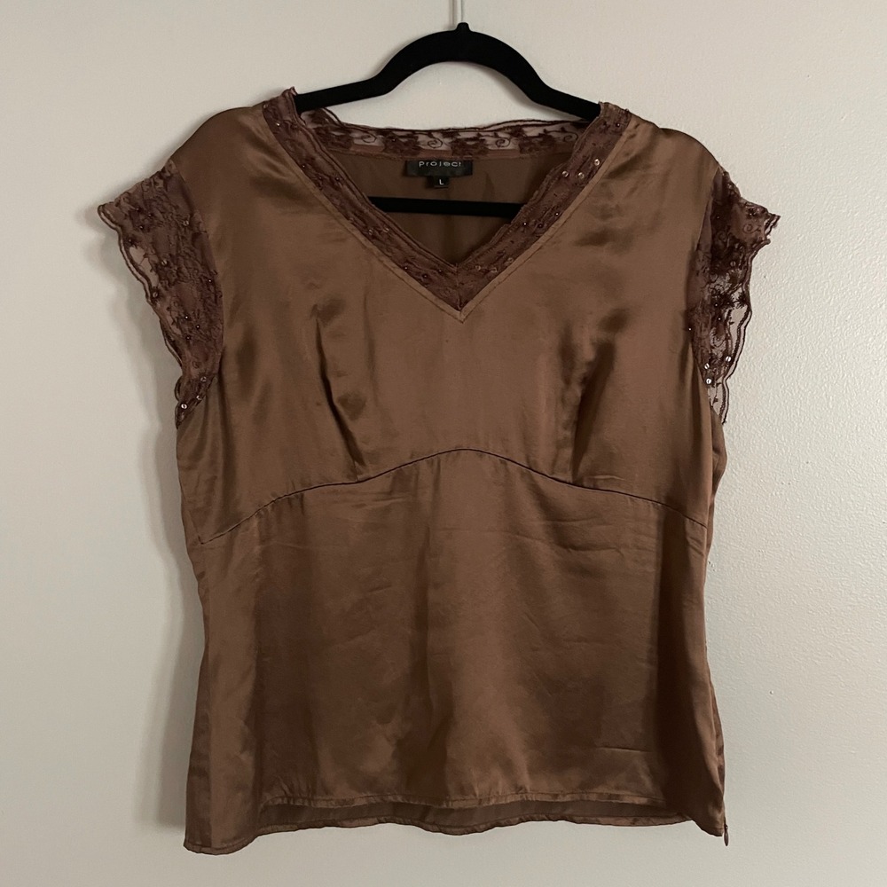 Project Silk Blouse Women Large Brown Lace Sequin V-Neck Cap Sleeve Fairycore